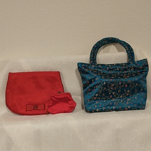 Mm Vintage Handbags - Vintage MM Red Evening Bag And Floral Blue Handbag